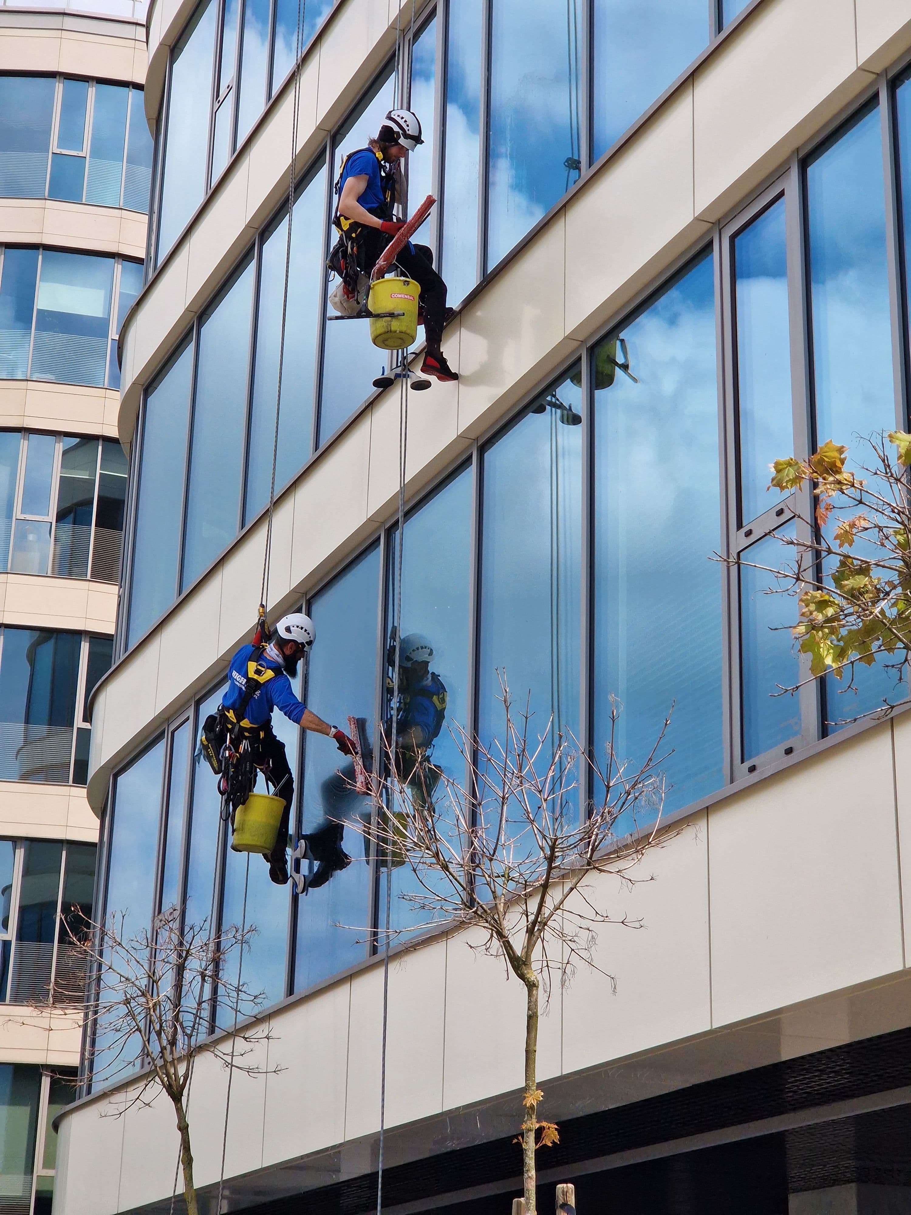 Two rope-access technicians cleaning the glass facade of a high-rise commercial building
